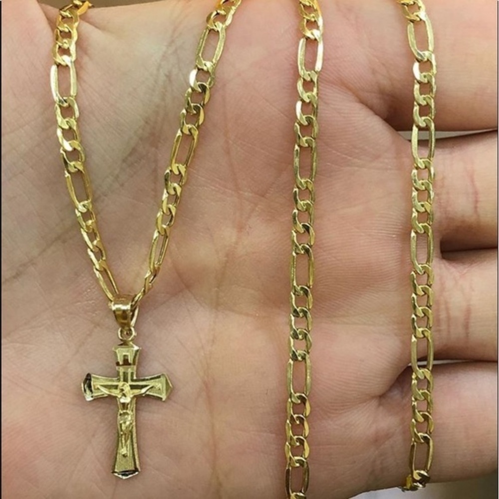 14k Gold religion Cross Jesus & 18” Figaro Chain